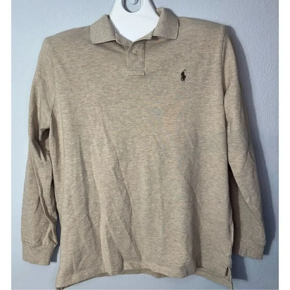 Polo Ralph Lauren Men Shirt XL Beige Long Sleeve Cotton Polo